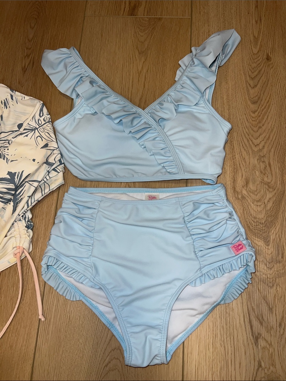 Girls' Light Blue Ruffle Bikini Set with Tropical Rash Guard - Picture 2 of 10